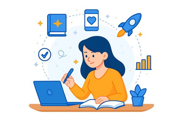 Illustration of a female author using a laptop representing author branding, social media strategy, and digital promotion by Yeplore